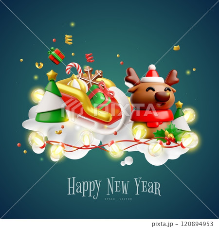 Happy New Year 3D plastic style vector poster design, cartoon Christmas deer with gifts sledge on cloud, glowing garland 120894953