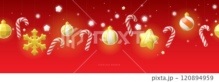 3d illustration of banner with golden round toys, lollipops, stars and snowflakes on a string. 120894959
