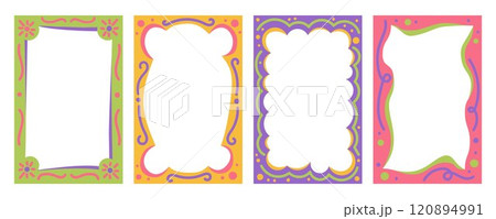 Wavy scallop border shapes. Rectangle fun psychedelic hand drawn frame. Doodle cute design for text photo and picture. Groovy child template. Y2K decorative blank. Vector 120894991