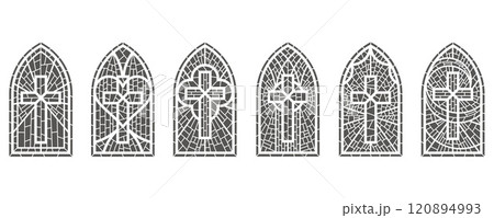 Gothic church glass window. Catholic cathedral vector frames with cross. Medieval stained castle architecture Christian design mosaic decoration on white background 120894993