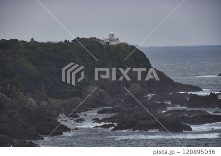 壮大な海金剛と樫野埼灯台の眺め　和歌山県串本町 120895036