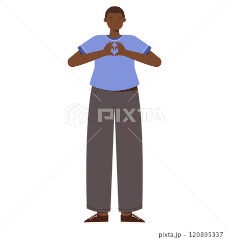 Illustration of a Smiling Dark-Skinned Woman in Blue Shirt and Gray Pants Showing Heart Gesture. 120895337