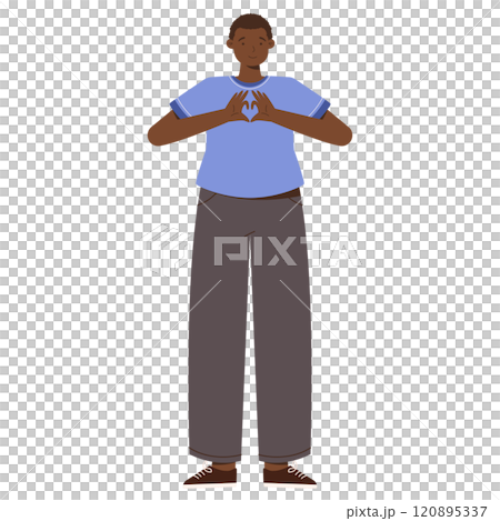 Illustration of a Smiling Dark-Skinned Woman in Blue Shirt and Gray Pants Showing Heart Gesture. 120895337