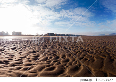 Vast Sandy Beach With City Skyline Under Clear Blue Sky 120895527