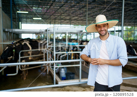 Portrait of cow milk agricultural farmer standing beside of the animal shelter in the farm. Livestock business owner portrait. Portrait of cow milk agricultural farmer standing beside of the animal shelter in the farm. Livestock business owner portrait. 120895528