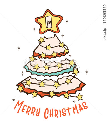 Groovy Retro Christmas Pencil Tree Sharpener Dust Hand Drawn Cartoon Doodle with Festive Vibes 120895589
