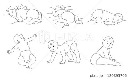 Cute baby sleeping, smiling baby lying on a bed, baby crawling, sitting line vector 120895706
