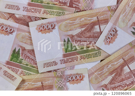 Russian money, Background of five thousand ruble banknotes, top view Russian money, Background of five thousand ruble banknotes, top view 120896065