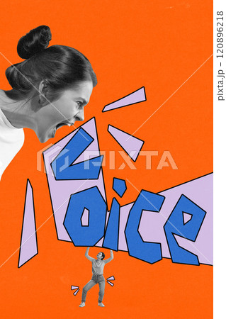 Woman shouting at person lifting word Voice, symbolizing strength and power of self-expression on orange background. Contemporary art collage. Woman shouting at person lifting word Voice, symbolizing strength and power of self-expression on orange background. Contemporary art collage. 120896218