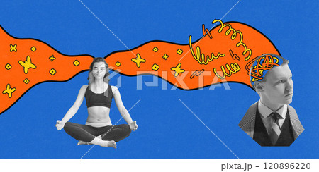 Meditating woman connected through artistic abstract flow to man in formal attire with illustrated thoughts, against blue background. Contemporary art collage. Meditating woman connected through artistic abstract flow to man in formal attire with illustrated thoughts, against blue background. Contemporary art collage. 120896220
