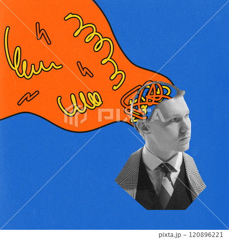 Young man in formal attire, with artistic scribbles and colorful flow shapes depicting active thoughts on blue background. Contemporary art collage. Young man in formal attire, with artistic scribbles and colorful flow shapes depicting active thoughts on blue background. Contemporary art collage. 120896221