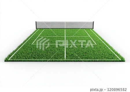 A well-maintained tennis court with bright green grass features clear white lines and a net in the center. This space is ready for practice, providing an inviting area for tennis enthusiasts. 120896582