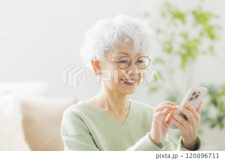 リビングで電話するシニア女性 リビングで電話するシニア女性 120896711