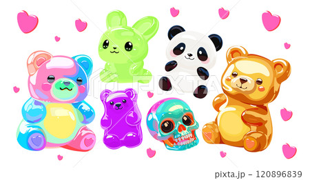 Colorful glossy jelly candies. Vector set isolated on white background. Cute bright bears, panda, rabbit and skull 120896839