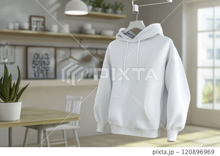 A white hoodie hangs from a hanger in a contemporary room filled with natural light. The minimalist design features plants and simple furnishings, creating a cozy atmosphere. 120896969