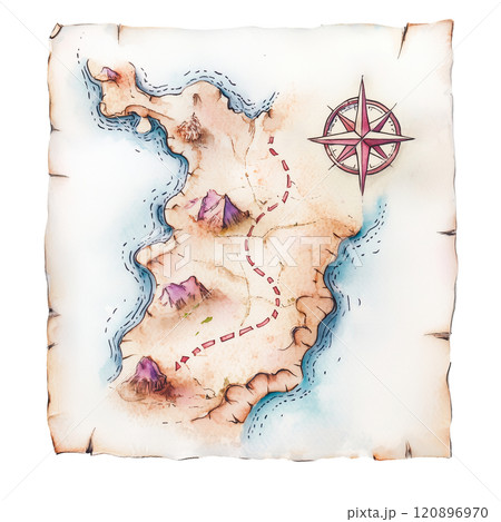 Watercolor treasure map illustration with a marked path, compass roses, rocky terrain, and scattered greenery on parchment-style background. 120896970