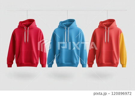 Three hoodies in bright colors hang against a neutral background. The left hoodie is red, the middle one is blue, and the right one features a red body with a yellow sleeve, showcasing a modern style. 120896972