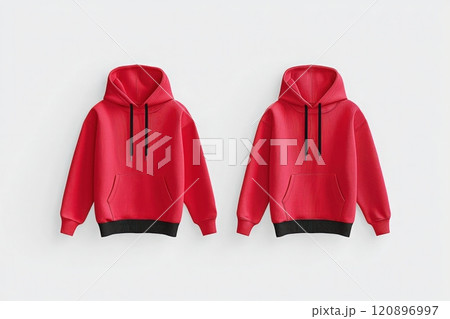 Two vibrant red hoodies with black accents and front pockets are arranged symmetrically on a white surface. The hoodies showcase a trendy design suitable for everyday wear and comfort. 120896997