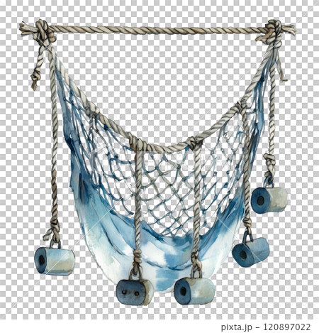 Watercolor fishing net with buoys, nautical decorative marine rope illustration. 120897022