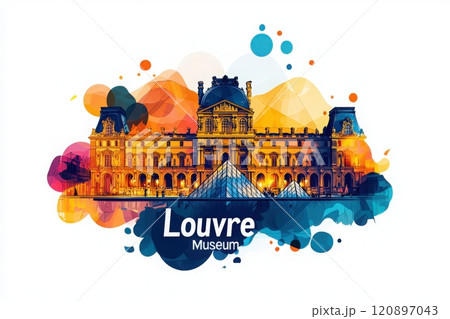 The iconic Louvre Museum shines brightly at night, showcasing its stunning architecture and glass pyramid. Colorful artistic splashes surround this landmark in the heart of Paris. 120897043