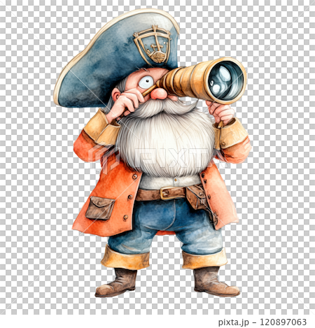Watercolor illustration of a whimsical pirate captain with a telescope, nautical fantasy character in vibrant colors. 120897063