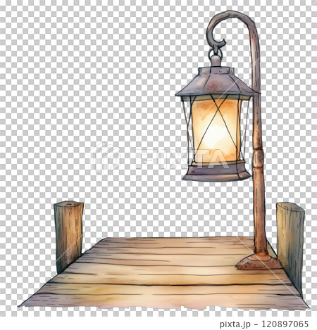 Watercolor illustration of a wooden pier with a glowing lantern, serene evening ambiance by the water, rustic nautical design. 120897065