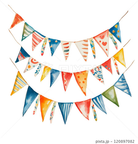 Colorful watercolor bunting flags, festive party decorations, hand-painted illustration for celebrations and creative design projects. 120897082