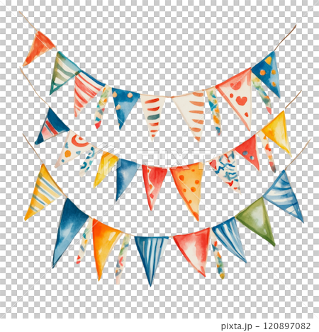Colorful watercolor bunting flags, festive party decorations, hand-painted illustration for celebrations and creative design projects. 120897082