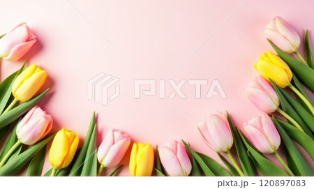 Flat lay frame of multicolored tulips flowers on white background with copy space 120897083