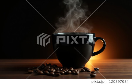 On wooden table there is black coffee cup with steam rising from it on black background with 120897084
