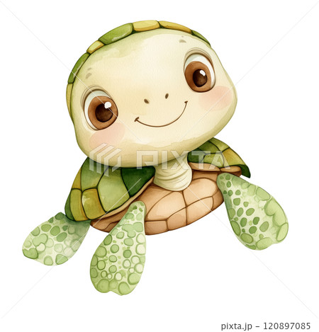 Adorable watercolor illustration of a sea turtle with a green shell, ocean wildlife artwork. 120897085
