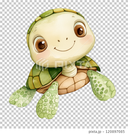 Adorable watercolor illustration of a sea turtle with a green shell, ocean wildlife artwork. 120897085