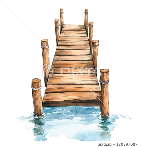 Watercolor wooden pier illustration on calm water, rustic dock design for coastal or nautical themes. 120897087
