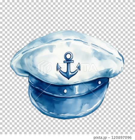 Blue captain's hat with anchor emblem, nautical watercolor illustration for maritime and sailor-themed designs. 120897096