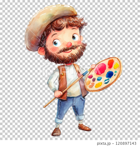 Charming painter character illustration, bearded artist holding a palette and brush, creative artistic concept for whimsical and storybook-inspired designs. 120897143