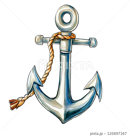 Rustic anchor with rope illustration, nautical maritime symbol for ocean themes, sailing adventures, and coastal design elements. 120897167