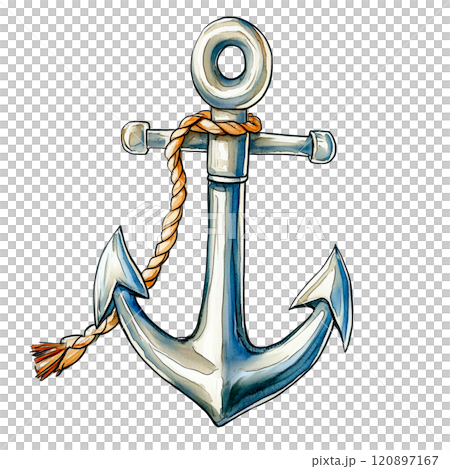 Rustic anchor with rope illustration, nautical maritime symbol for ocean themes, sailing adventures, and coastal design elements. 120897167