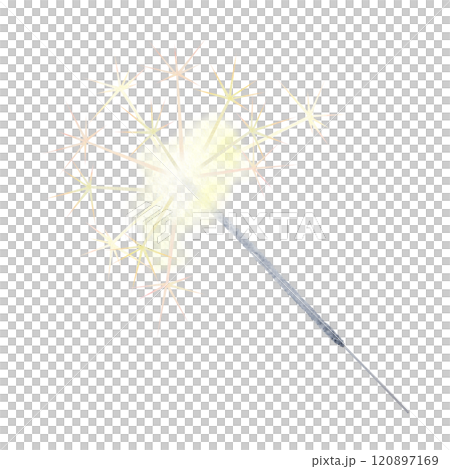 Watercolor illustration of a lit sparkler with golden sparkling effects for holiday designs, celebrations, New Year, Christmas, weddings, Valentine's Day, birthdays or holiday themed project 120897169
