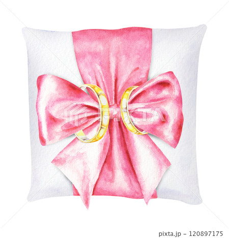 Watercolor isolated illustration of two golden wedding rings placed on white pillow adorned with a pink satin bow. Perfect for wedding invitations, ceremony decor, bridal themes and romantic projects 120897175