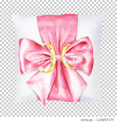 Watercolor isolated illustration of two golden wedding rings placed on white pillow adorned with a pink satin bow. Perfect for wedding invitations, ceremony decor, bridal themes and romantic projects 120897175