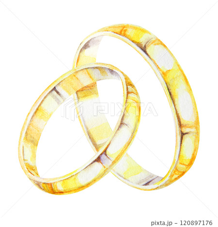 Watercolor illustration of two intertwined golden wedding rings ideal for invitations, romantic projects, and anniversary designs. Symbolizing love, unity and commitment. Hand drawn isolated clipart 120897176