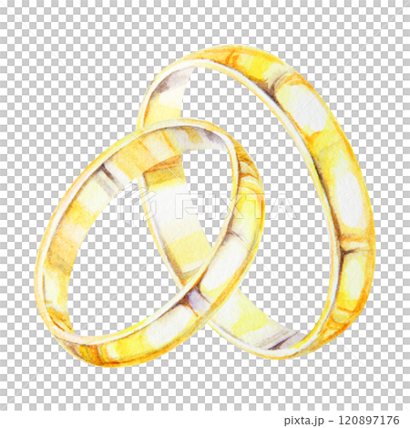 Watercolor illustration of two intertwined golden wedding rings ideal for invitations, romantic projects, and anniversary designs. Symbolizing love, unity and commitment. Hand drawn isolated clipart 120897176
