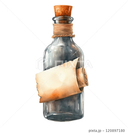 Watercolor illustration of a message in a bottle with rolled parchment and cork, nautical and vintage theme. 120897180