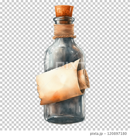 Watercolor illustration of a message in a bottle with rolled parchment and cork, nautical and vintage theme. 120897180