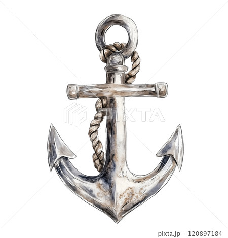 Rustic anchor with rope illustration, nautical maritime symbol for ocean themes, sailing adventures, and coastal design elements. 120897184