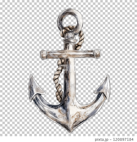 Rustic anchor with rope illustration, nautical maritime symbol for ocean themes, sailing adventures, and coastal design elements. 120897184
