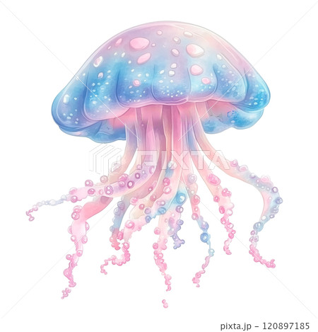 Watercolor illustration of a vibrant jellyfish with flowing pink and blue tentacles, glowing softly in a marine-inspired design. 120897185