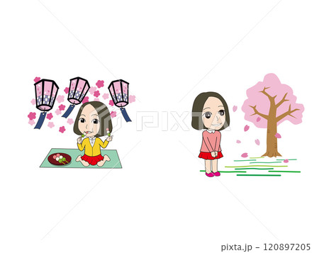 女の子のゆるキャライラスト_お花見 120897205