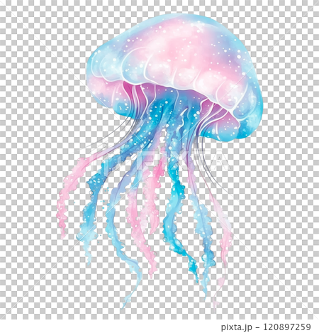 Watercolor illustration of a vibrant jellyfish with flowing pink and blue tentacles, glowing softly in a marine-inspired design. 120897259
