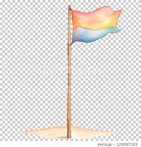 Watercolor flag on wooden pole, colorful gradient design on sand background. Watercolor flag on wooden pole, colorful gradient design on sand background. 120897283